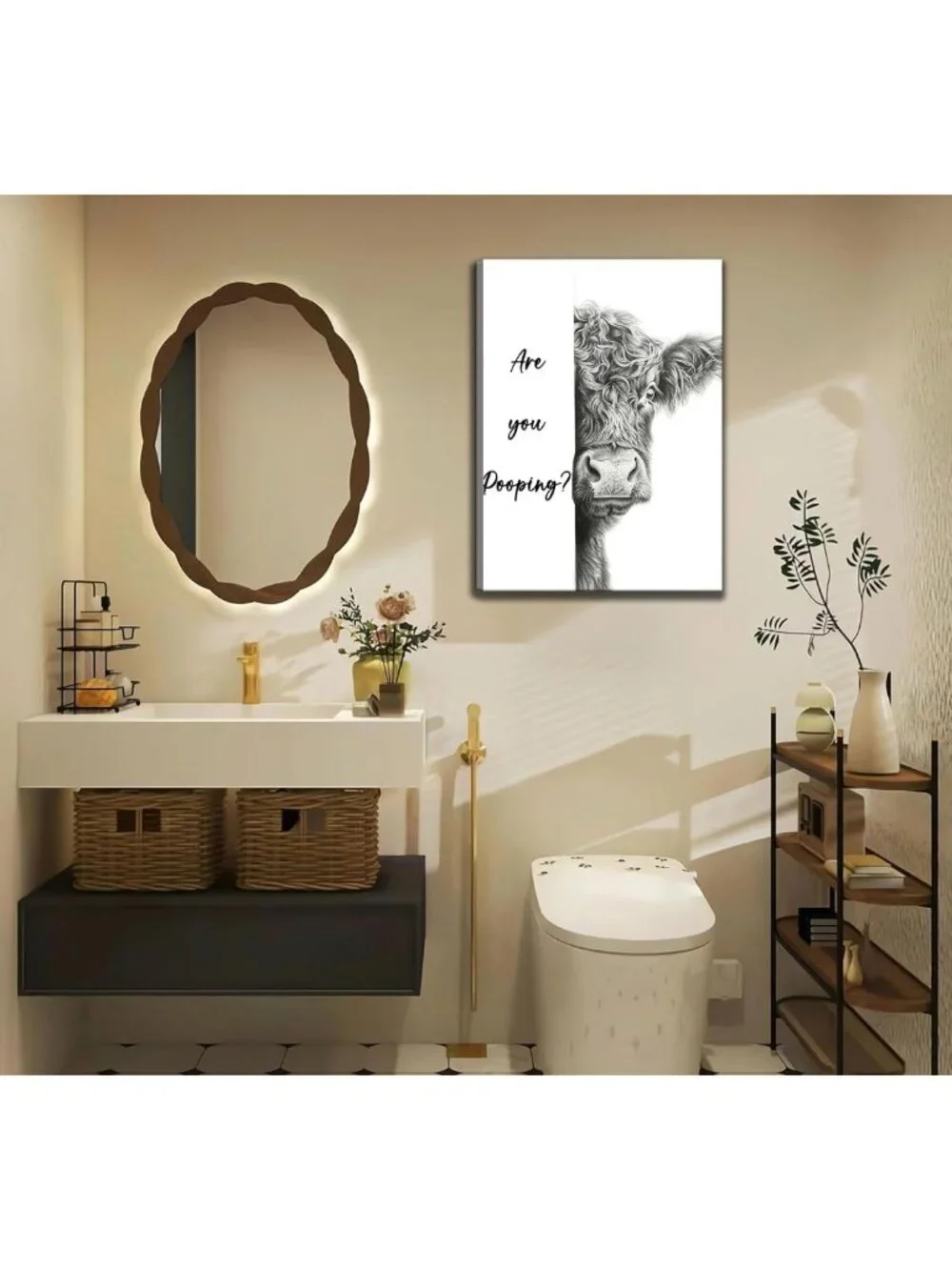 Cute Highland Cow Bathroom Wall Art - Funny Black & White Animal Decor Print